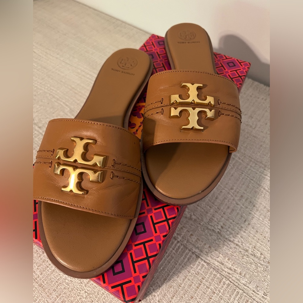 Tory Burch Tan Slides with Gold Emblem